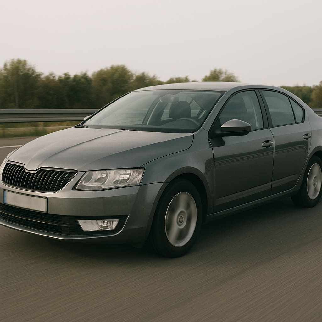 Auto auf sauberer europäischer Autobahn bei Tageslicht
