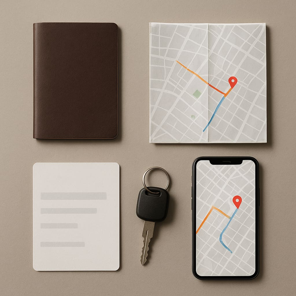 Reiseunterlagen, Autoschlüssel und Smartphone zur Routenplanung